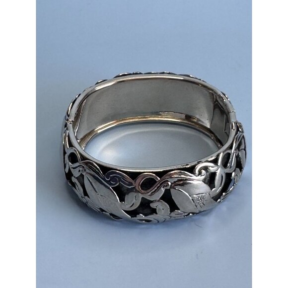 Silver-Tone Floral Vine Hinged Bangle Bracelet 7" Around 1" Wide Elegant Design - Picture 2 of 8